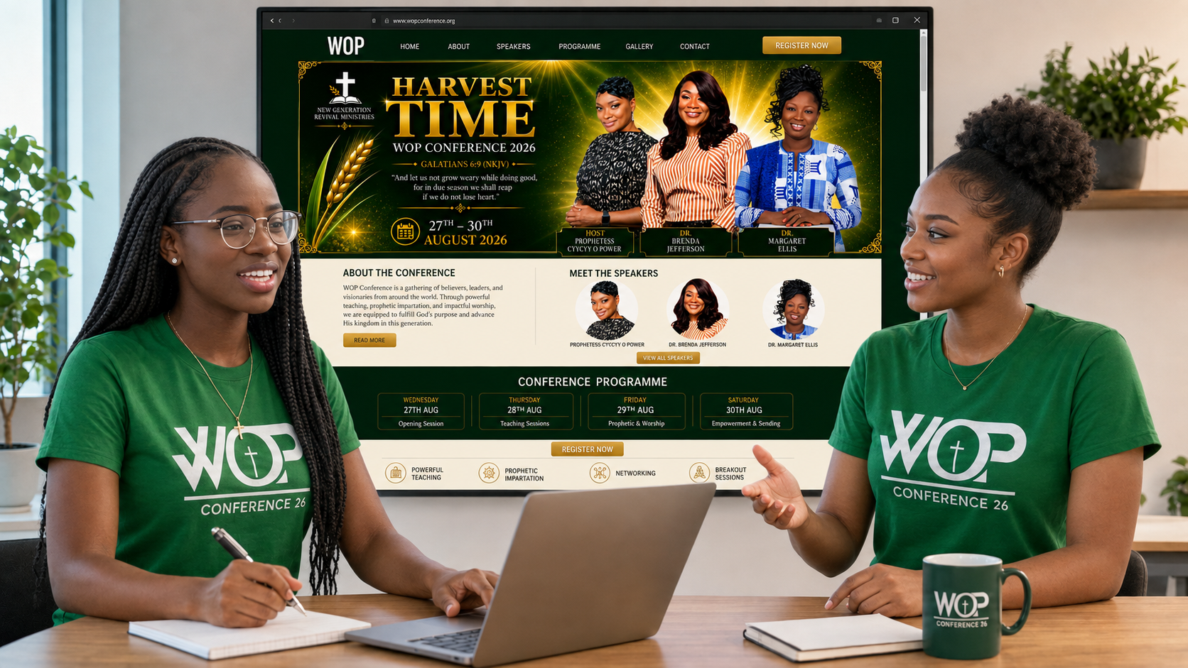 Two women in WOP Conference shirts collaborating at a laptop with the WOP Conference website on a screen behind them