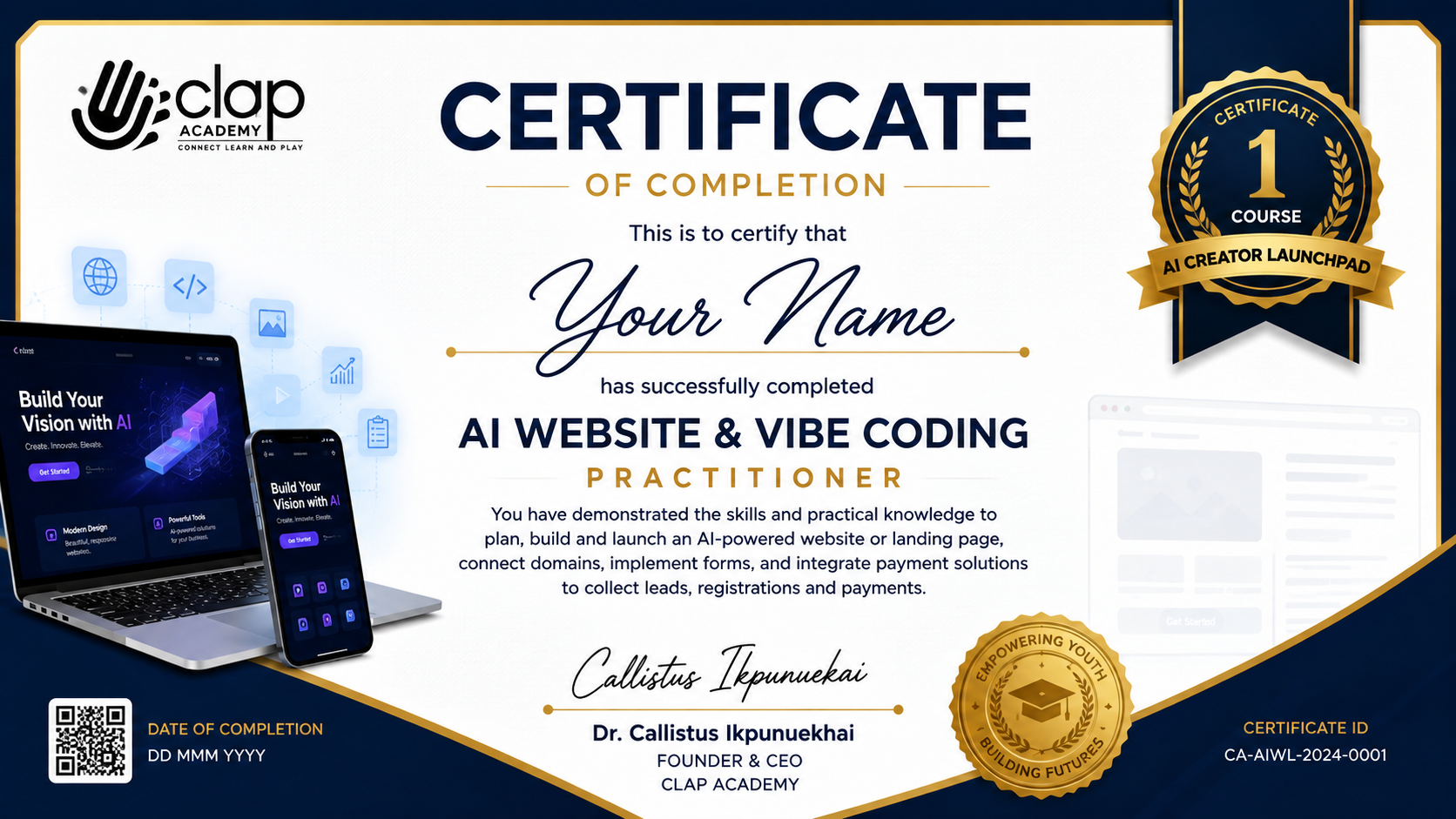 Certificate 1: AI Website & Vibe Coding Practitioner — CLAP Academy certificate of completion