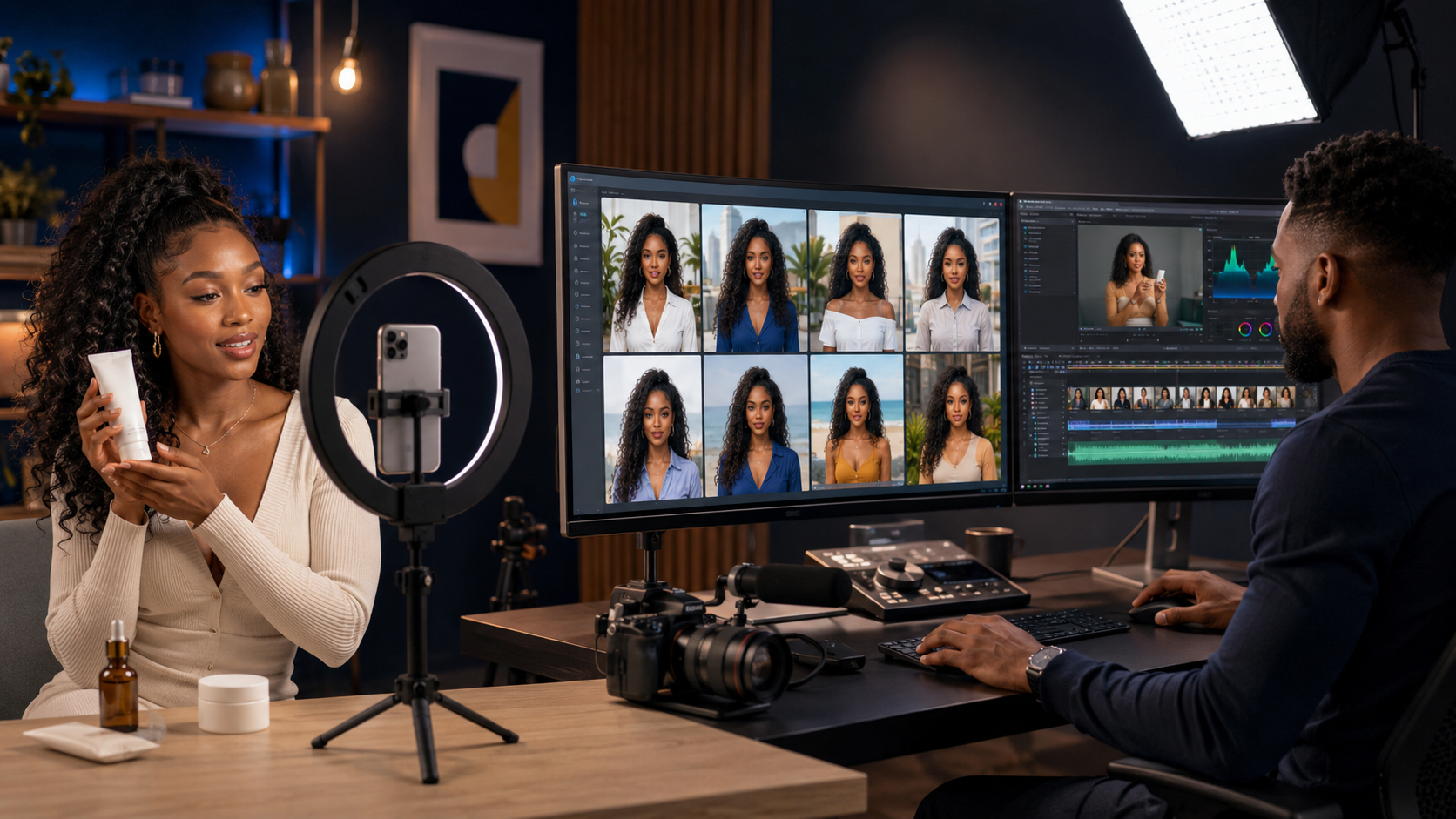 AI creator studio with ring light, product photography and AI-generated influencer images on editing screens