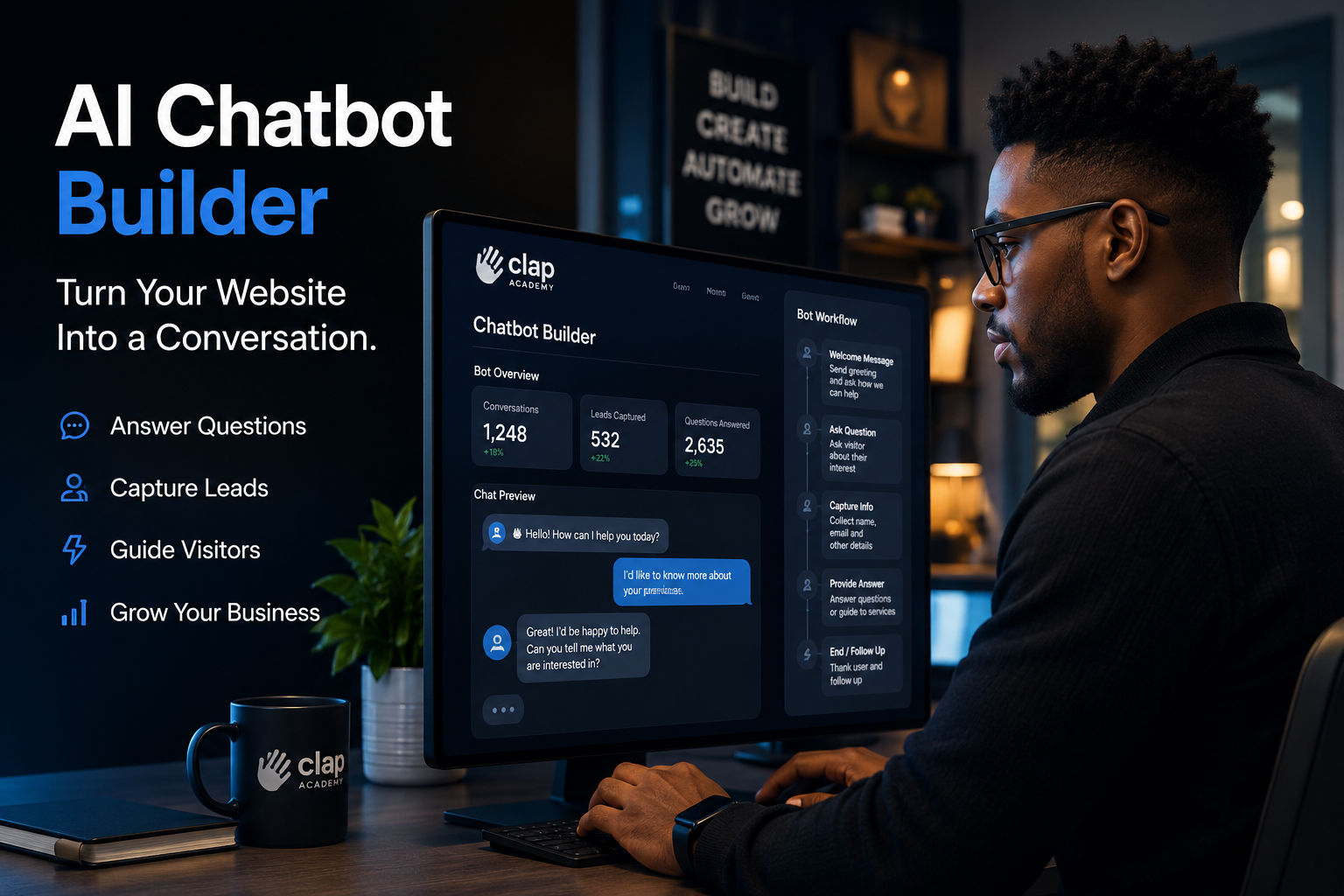 Young man building an AI chatbot on a large screen