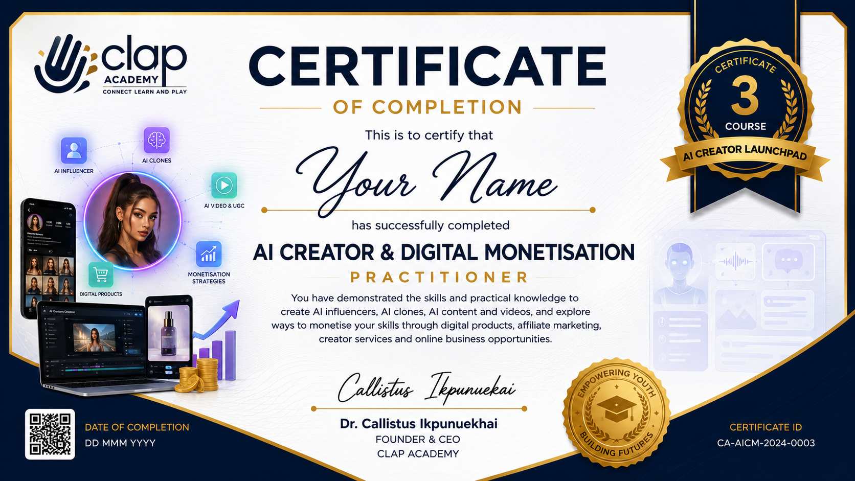 Certificate 3: AI Creator & Digital Monetisation Practitioner — CLAP Academy certificate of completion