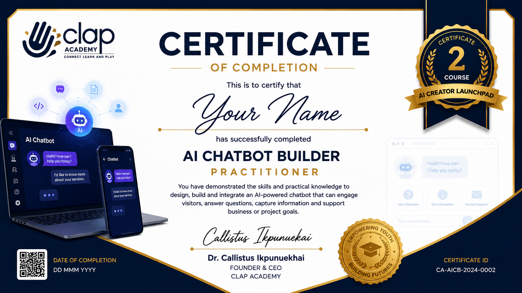 Certificate 2: AI Chatbot Builder — CLAP Academy certificate of completion