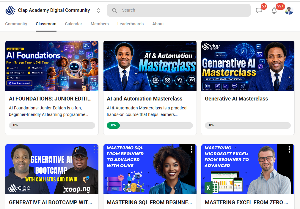 Clap Academy SKOOL digital community classroom with AI courses