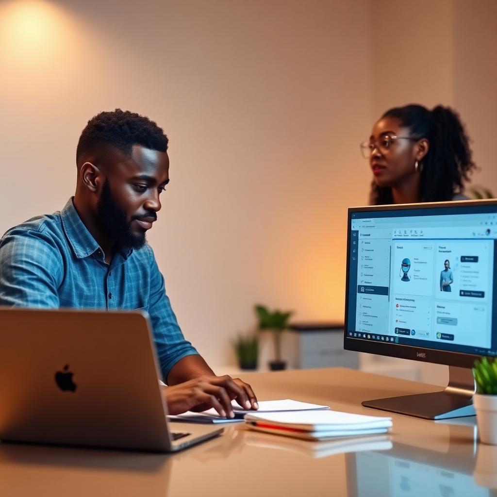Young man and woman building a website and chatbot together