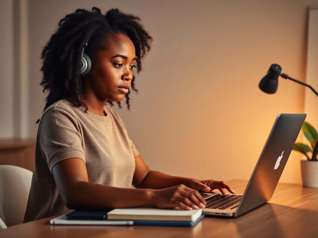Young Black woman studying pre-class AI materials on a laptop