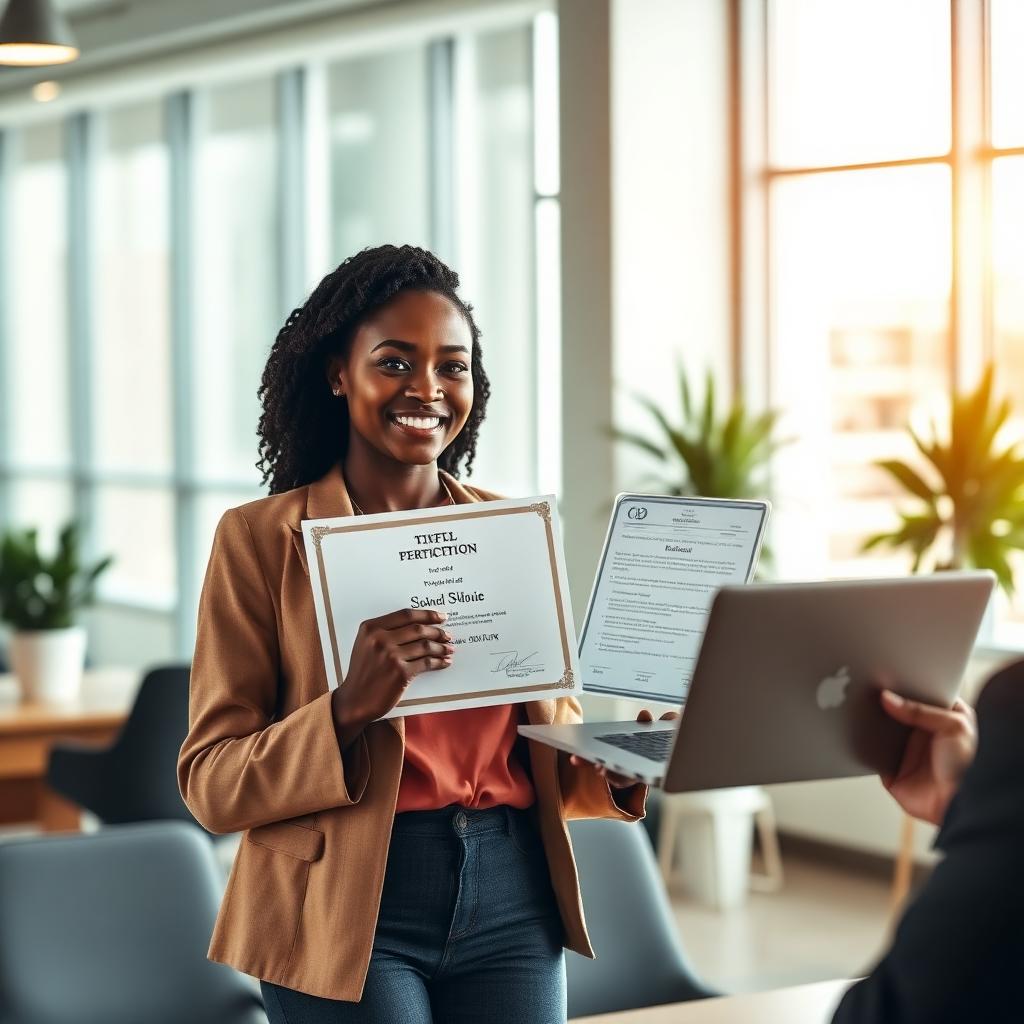 Young woman presenting her certificate and portfolio