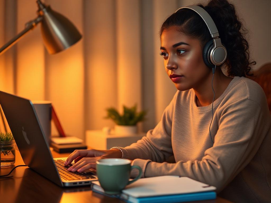 Young mixed-race woman rewatching session recordings