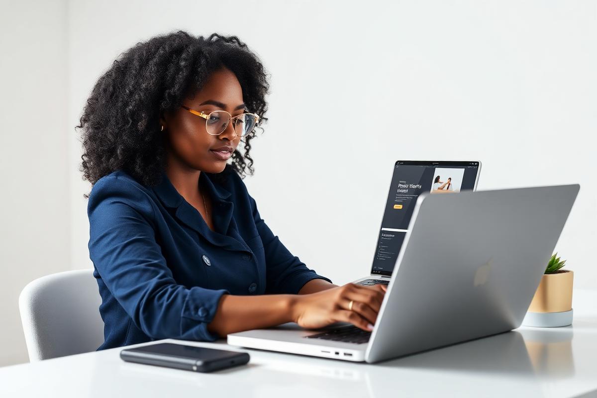 Young woman building a website on a laptop