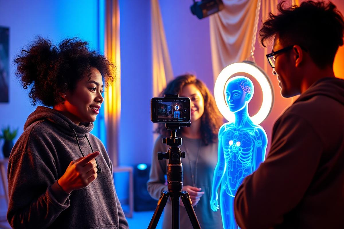 Young creators filming AI-generated content in a studio