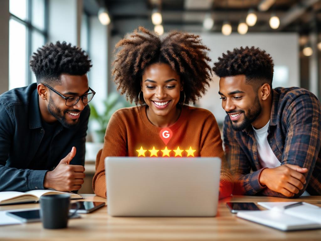 Group of young people looking at a laptop with a Google 5-star review prompt