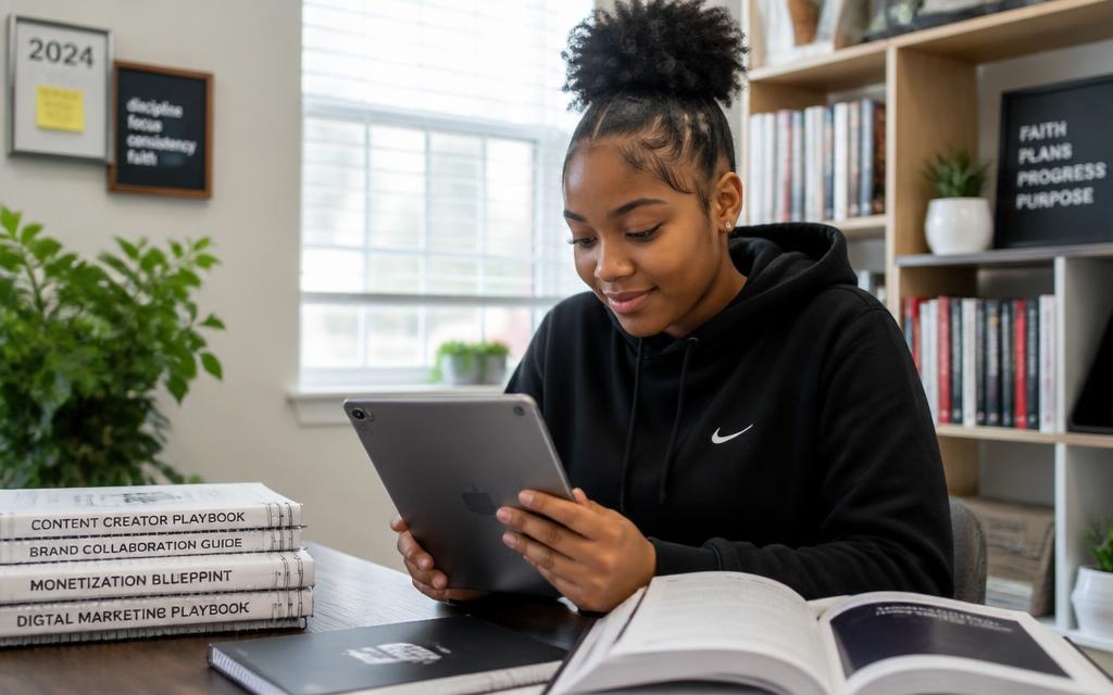 Young woman reading digital guides and playbooks on a tablet