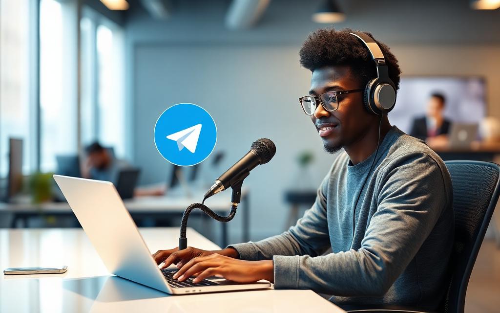 Young creator with headphones chatting on a laptop and microphone