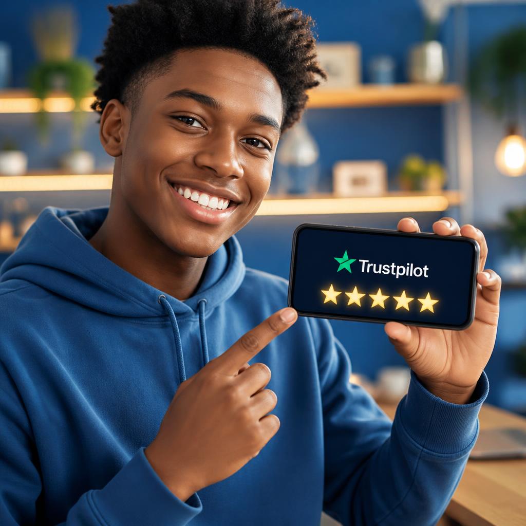 Young person smiling while leaving a 5-star Trustpilot review on a phone
