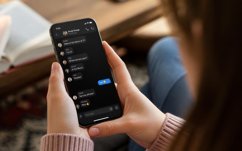 Hands holding a phone showing a busy group chat